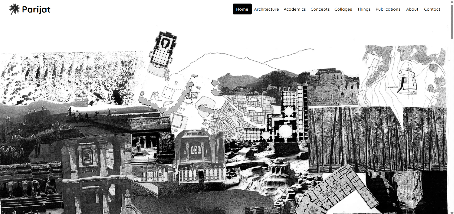 Parijat Architecture homepage, showing a black and white architectural collage hero